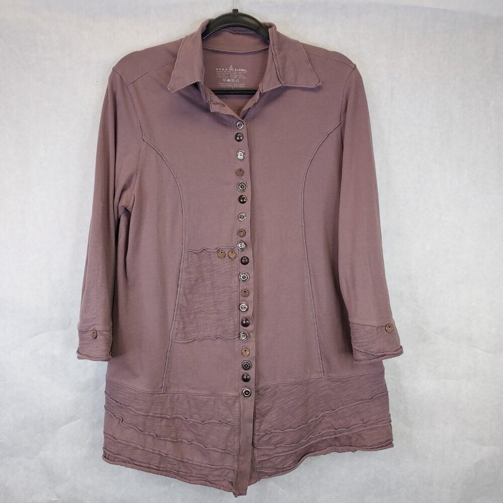 Neon Buddha Tunic Top Womens L Long Sleeve Embellished Buttons Taupe Hippie Boho
